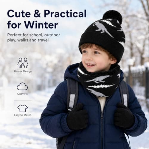 EOAMGO Kids Winter Hat Scarf and Gloves Set 3Pcs, Boys Girls Thermal Knitted Beanie Hat Snood Neck Warmer Gloves Set, Soft Fleece Lined Winter Accessories for Children Age 2-7 (black) — view 5