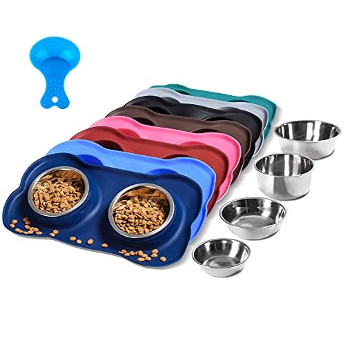 Hubulk 2 Stainless Steel Pet Dog Bowls with No Spill Non-Skid Silicone Mat + Pet Food Scoop Water and Food Feeder Bowls for Feeding Small Medium Large Dogs Cats (Medium, Navy Blue)