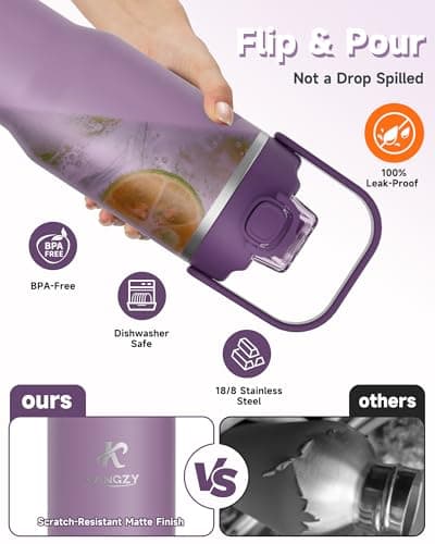 KANGZY Metal Water Bottle with Straw 1L/32oz – Vacuum Insulated Stainless Steel Flask, 2-in-1 Straw & Spout Lid, BPA-Free Leak-Proof Tumbler, Keeps Drinks Hot 8H+ / Cold 24H for Work, Travel Purple — view 3