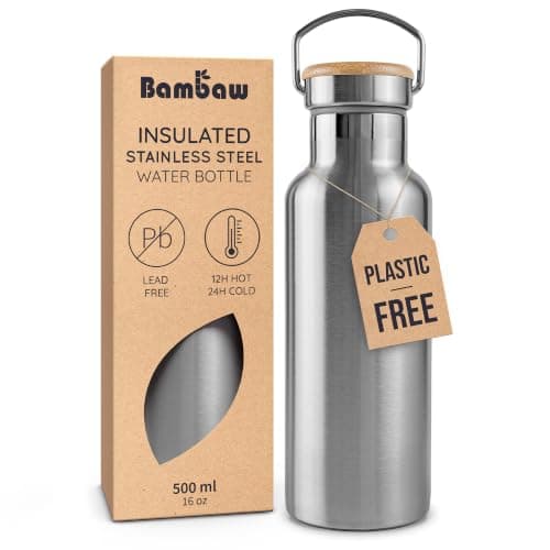 Bambaw Insulated Water Bottle 500ml, Stainless Steel Water Bottles for Hot & Cold Drinks, Double-Walled, Sleek & Reusable, Easy to Carry for School, Gym or Travel (Natural Steel)