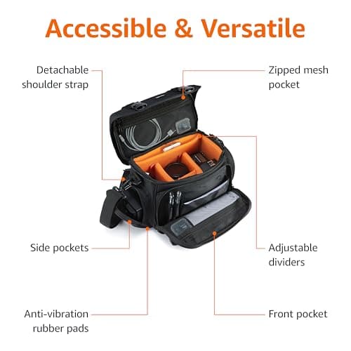 Amazon Basics Shoulder Bag for SLR Camera and Accessories, Large, Adjustable Strap, Waterproof, Shockproof, Solid, Padded - Black/Orange — view 3