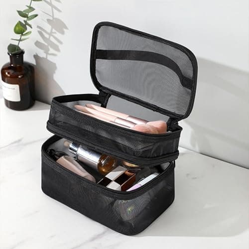 Tosnail Set of 3 Mesh Travel Toiletry Bag with Handle, Black Mesh Pouch Zipper Bag, Mesh Cosmetic Organizer Case, Portable Small Shower Caddy for Makeup, Skincare, Beauty Product, Office — view 3
