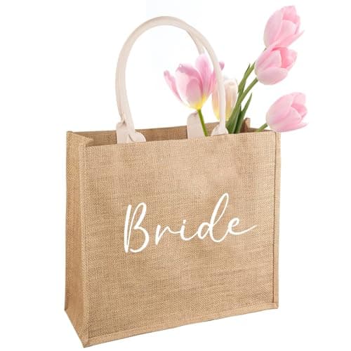 SwirlColor Bride Bag, Minimalist and Reliable Jute Tote Bag Hen Party Bags Bride Gift Bag for Wedding Day Bridal Shower, Suitable for Grocery Picnic Beach Holiday (Brown Bride)