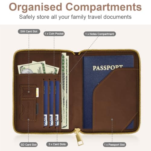 AOOSU Travel Wallet, Family Passport Holder, RFID Blocking Travel Accessories Document Organiser, Travels Document Holder for Tickets Waterproof Cover Holiday Essentials Case for Man & Woman Brown — view 5