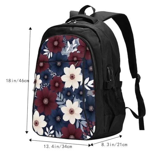 ZHANLEI maroon and navy flowers Printed Backpack,Travel Laptop Backpack for Men Women with USB Charger Port, Maroon and Navy Flowers, One Size — view 4