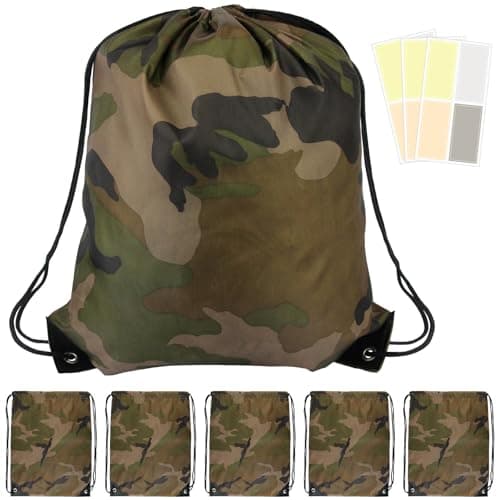 Lunhoo 6 Pack Camouflage Drawstring Bags, 42 x 34 cm, Camo Polyester Pack, Lightweight Drawstring Camping Bag for Gym, Travel, Sport, Party Gift Party Favors