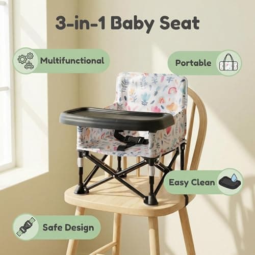 LADIDA Portable Baby High Chair with Removable Tray - Foldable Travel Highchair with Travel Bag,Flower Pattern Folding Booster Feeding Chair for Indoor Outdoor, Beach, Picnic 305 — view 3