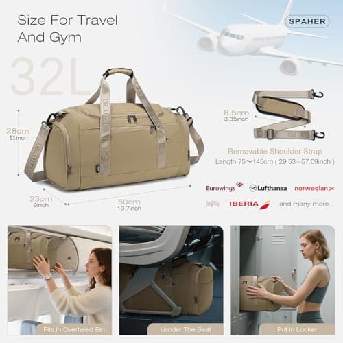 SPAHER Travel Sports Gym Duffle Bag with Shoes Compartment and Wet Pocket Waterproof Weekend Overnight Bag Women with Insulated Pocket Holdall Bag for Swimming Yoga Travel, Khaki — view 2