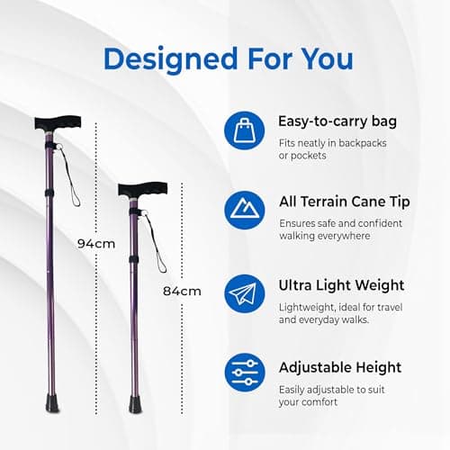 Life Healthcare Folding Walking Stick, Adjustable Aluminium Cane, Purple — view 5