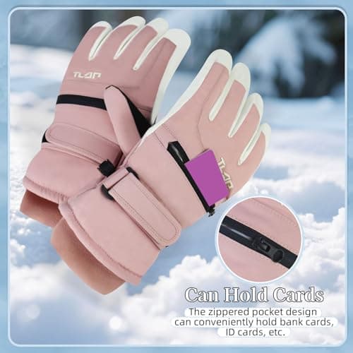 Feelorna Waterproof Ski Gloves for Women, Winter Plush Lining Thermal Touchscreen Gloves with Zip Pocket, Windproof Anti-slip Warm Snow Glove for Skiing Bike Motorcycle Cycling (pink) — view 5