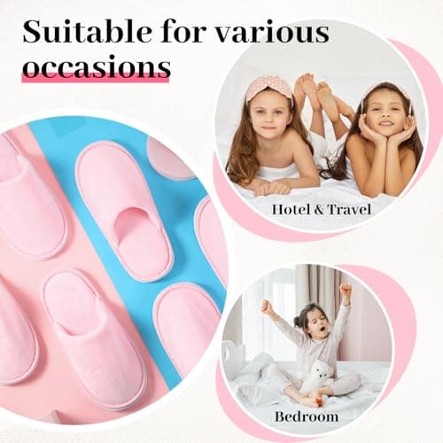 Twistover 12 Pairs Disposable Slippers for Kids Closed Toe Non-Slip Spa Slippers Soft Winter Warm Flip Flops for Boys Girls Travel Hotel Party Indoor Outdoor, Pink, Small — view 2