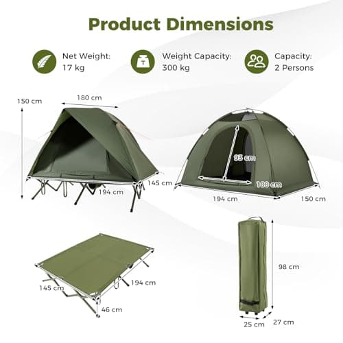 COSTWAY 2 Person Foldable Camping Tent, Elevated Tent Cot with Camping Bed, Waterproof Rainfly, 2 Mesh Doors and Wheeled Bag, Portable Outdoor Dome Tent (Round, 194 x 145 x 150 cm) — view 6