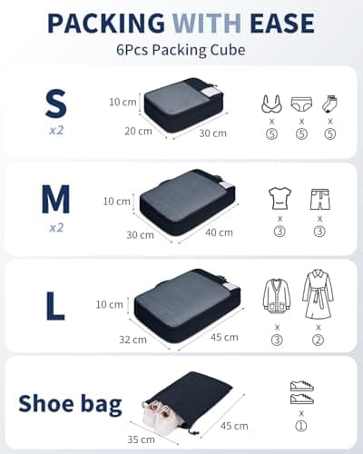 ECOHUB Packing Cubes for Suitcase, 6pcs Suitcase Organiser Bags with Tag, Recycled Travel Organiser Packing Bags for Backpack, Rip-stop Mesh Luggage Packing Organizers, Dark Blue (Patent Pending) — view 2