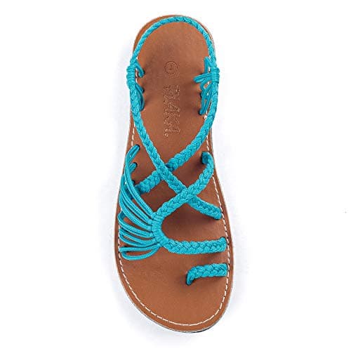 Plaka Flat Sandals for Women Palm Leaf, Teal, 7 UK
