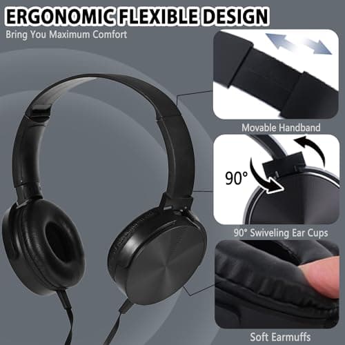 Wensdo Classroom Headphones Bulk 5 Pack with Microphone, On-Ear Wholesale Wired Kids Headphones for Students School with 3.5mm Jack for Library Home Online Learning and Travel (HY450, Black) — view 3