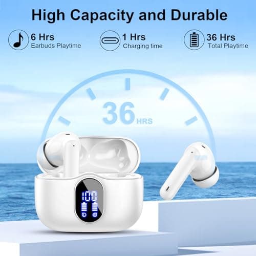 Btootos Wireless Earbuds, Bluetooth 5.4 Headphones In Ear with 4 ENC Noise Cancelling Mic, 2026 New Bluetooth Earphones Mini Deep Bass Stereo Sound, 36H Playtime LED Display IP7 Waterproof White — view 6