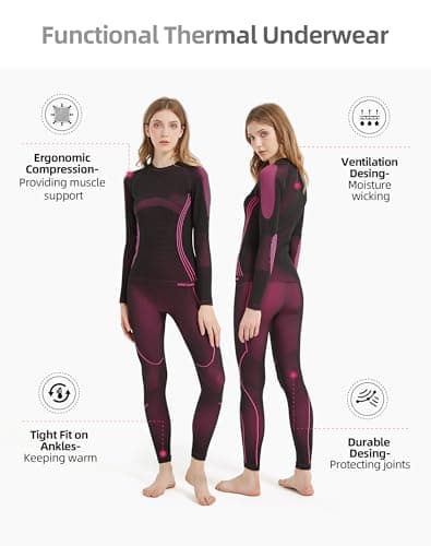 NOOYME Women's Ski Thermal Base Layer Underlayer Top & Leggings Set Rosered — view 2