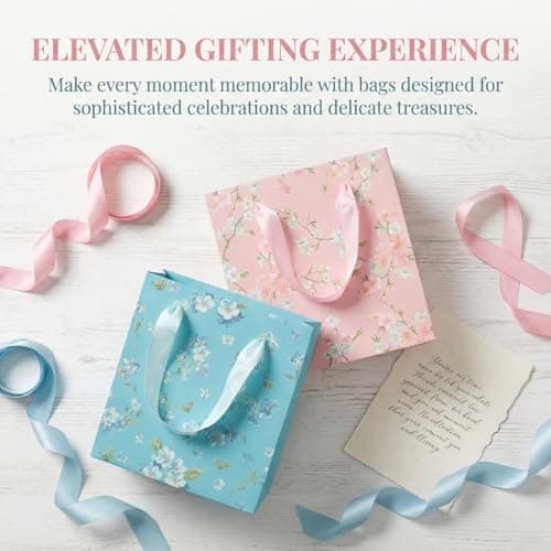 Novocloud 2Pcs Gift Bag, Luxury Small Gift Bags for Presents, Floral Print Birthday Bag, 14 x 7 x 15 cms, Small Bags for Gifts for Birthdays & Celebrations & Other Occasions for Her (Blue & Pink) — view 5