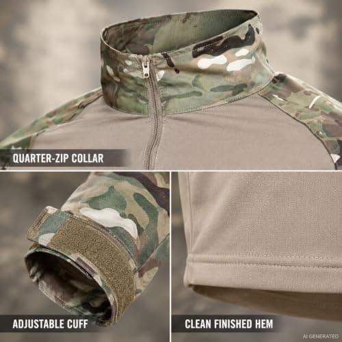 Men's Tactical Combat Shirt Quarter Zip Camo Top for Outdoor Training (E,S) — view 6