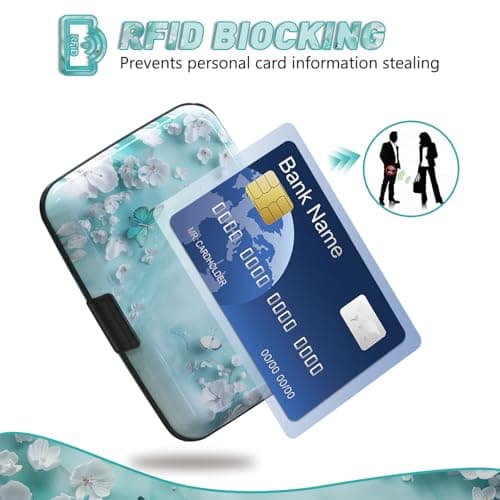 Credit Card Holder, Mini RFID Small Aluminum Card Wallet, Blocking Slim Metal Business Card Case, RFID Blocking Front Pocket Wallet Hard Case Durable CC Holder for Women Girls, Green Teal Butterfly — view 2