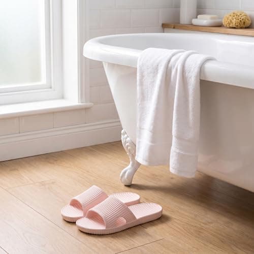 PUYTG Shower Shoes for Women/Men, Non-Slip Flat House Slipper Sandals, Lightweight Soft Flip Flop Shoes, Ladies Sliders for Home Bathroom Garden Poolside Beach Travel, Pink, 6/7 UK — view 2