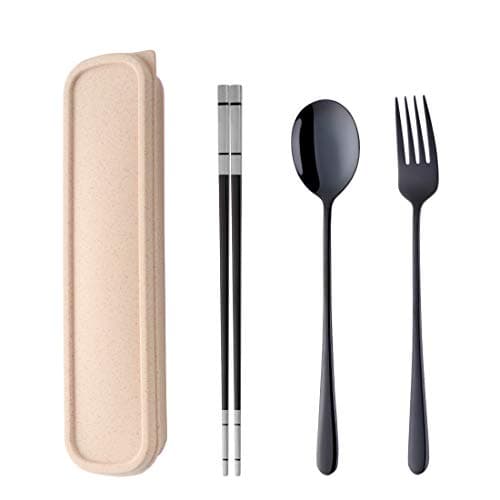 SBOMHS 18/10 Stainless Steel Travel Cutlery with Case Set Portable Chopsticks Spoon Fork set Black Colored for School Home Office Camping Outdoor