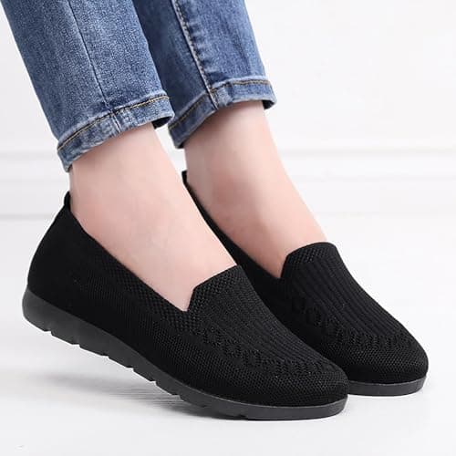 UK 8.5 Women's Knitted Flat Shoes Extra Wide Eee Fit Lightweight Comfortable Loafers Women Footwear Slip on Casual Breathable Mesh Walking Shoes Low-Top Round Toe Trainers A0_Black Clearance — view 2