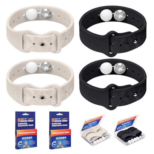 MEIYYJ Travel Sickness Bands for Adults and Kid Adjustable Acupressure Anti Nausea Wristbands for Motion & Morning Sickness Relief Bands for Pregnant Natural Relief Black & Star Light-2 Pairs
