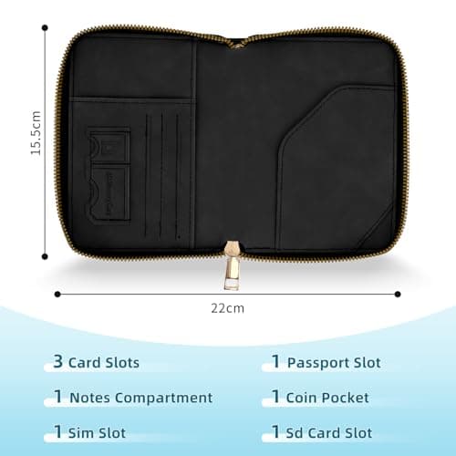 Zidoley Passport Holder Travel Wallet RFID Blocking, PU Leather Travel Document Organiser with Zipped Closure & Wrist Strap, Document Organiser, Holiday Travel Essentials for Men & Women (Black) — view 3