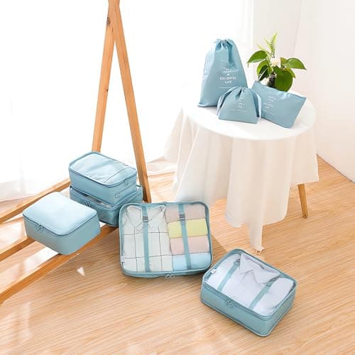 LANSKLBD 6/8 Set Packing Cubes for Suitcases Travel Luggage Packing Organizers,Travel Accessories Essentials Luggage Organizer with Shoe/Tioletry/Laundry Bag (Light Blue, 8 set) — view 3
