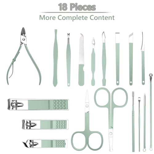URAQT Professional Manicure Set, 18 pcs Portable Nail Clippers Pedicure Set & Eyebrow Grooming Kit, Stainless Steel Nail Care Tools with Luxurious Leather Case（Green） — view 2