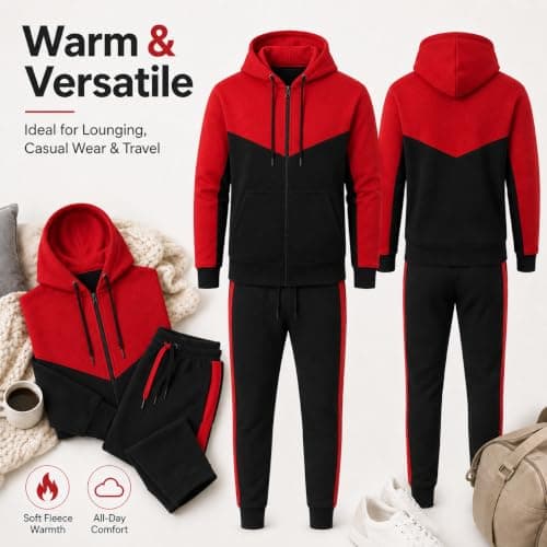 MH Home Men’s Premium Fleece Tracksuit Set Zip Hoodie & Jogger Bottoms Comfortable, Warm & Stylish Loungewear Set for Casual Wear, Gym, Travel (UK, Alpha, XL, Plus, Regular, Red/Black) — view 4