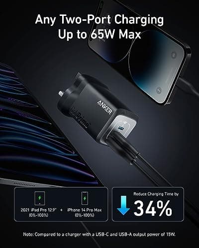 Anker 67W USB C Charger, 3-Port PPS Fast Charger, Compact and Foldable GaN Charger for iPhone 17/16/15 Series, MacBook Pro/Air, iPad Pro, Galaxy S24, Note20, Pixel, Apple Watch and More — view 3