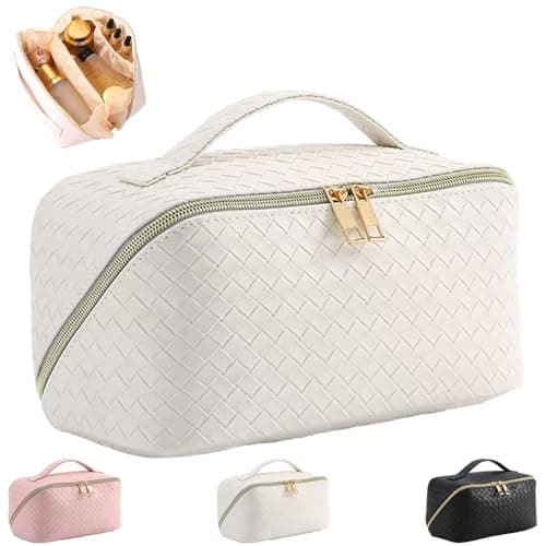 HUANYO Large Capacity Makeup Bag for Women, PU Leather Waterproof Travel Cosmetic Organizer with Handle & Divider, Portable Flat Lay Toiletry Bag (White)