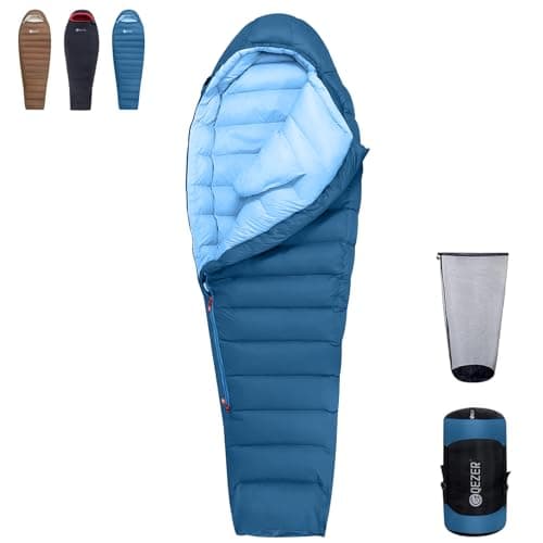 QEZER Winter Sleeping Bag for Adults, Lightweight Down Sleeping Bag -20 Degree C for Cold Weather Camping and Mountaineering Outdoor with 660 FP Duck Down (Blue, 1500g down)
