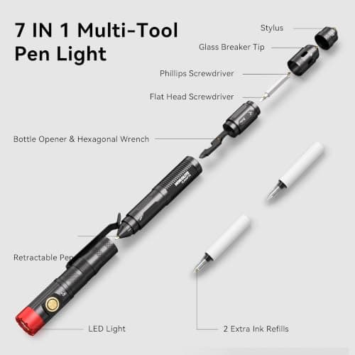 Rechargeable Pen Light, 7-in-1 Multitool Pen Flashlight with 4 Light Modes, Pocket LED Inspection Light with Clip, Ballpoint Pen, Stylus, Screwdrivers, Bottle Opener & Glass Breaker Tip (1, Black) — view 2