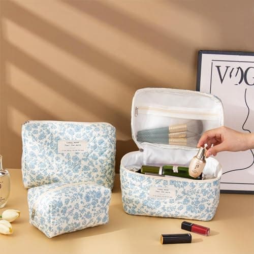 MerwDeeyt 3 Pcs Cotton Makeup Bags Blue Large Capacity Toiletries — view 4