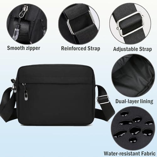 Veyarien Mens Cross Body Bag, Small Messenger Shoulder Man Bag with Zipper and Adjustable Strap, Waterproof Oxford Crossbody Bags, Casual Man Bags for Men Working Travel Daily (Black) (Black 2) — view 6