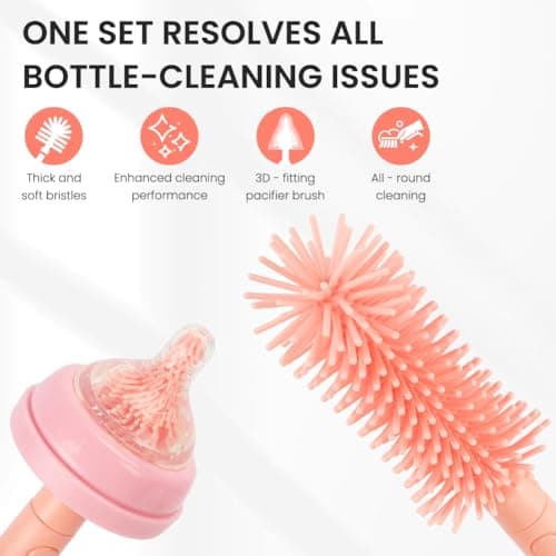 Vicloon 6 in 1 Baby Bottle Brush Set, Travel Bottle Cleaner Kit with Silicone Bottle/Nipple/Straw Brush, Soap Dispenser, and Drying Rack, Baby Travel Essentials (Pink) — view 5