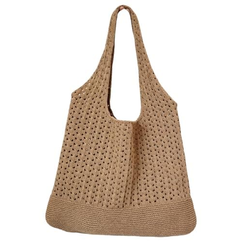 Crochet Tote Bag for Women, Retro Woven Mesh Beach Bag Boho Shoulder Tote