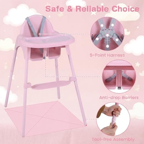 COSTWAY High Chair for Babies and Toddlers, 4 in 1 Convertible Baby Highchair with 2 Heights, Removable Double Tray, 5-Point Harness & Reversible Footrest, Infant Feeding Chair for 6-36 Months (Pink) — view 5