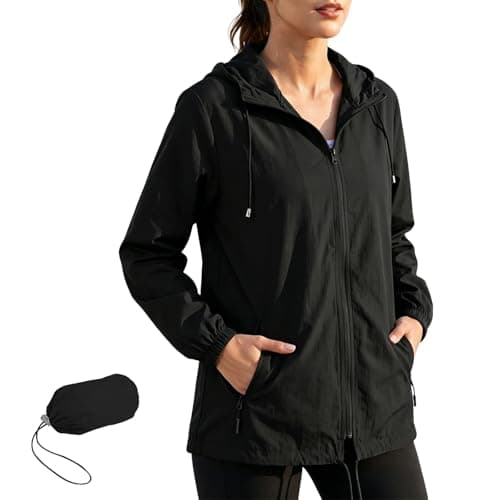 Fjquamitix Women's Jackets Lightweight Waterproof Jacket With Hooded Packable Waterproof Raincoat Women Rain Coat Ladies Summer Jackets For Hiking Travel (UK, Alpha, L, Regular, Regular, Black)