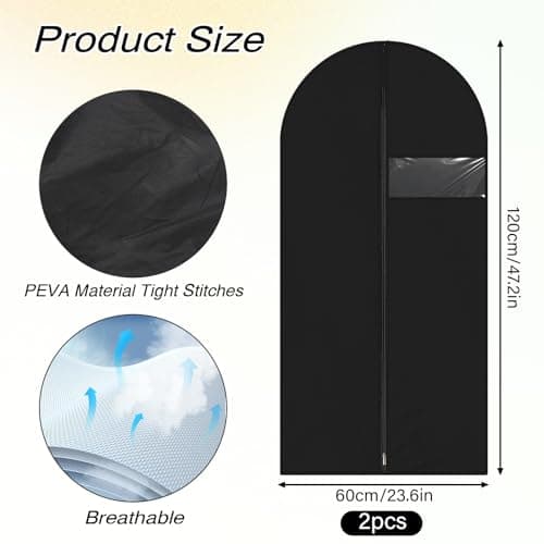 2 Packs Long Garment Bag, Garment Bag for Suit Dress, Garment Bags for Hanging Clothes, Dust-Proof Garment Bags with Clear Pockets, Breathable Dress Bags for Suits Coats(Black 120x60cm) — view 2