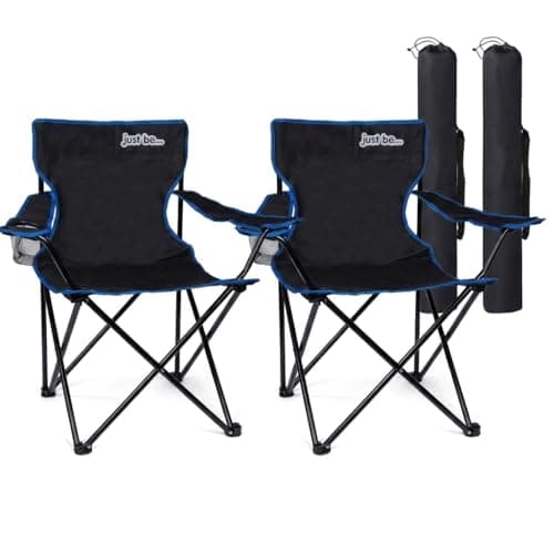 just be... Camping Chair (2 Pack) – Lightweight, Foldable & Portable Outdoor Seat with Armrests, Cup Holder & Carry Bag | For Adults & Kids | Garden, Beach, Festival & Fishing – Black/Blue Trim