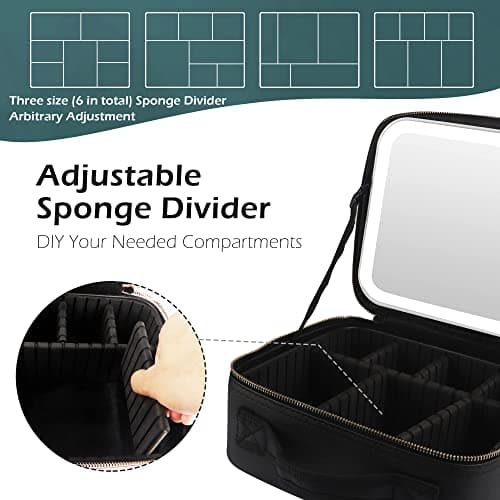 MOMIRA Travel Makeup Bag Cosmetic Bag Makeup Organizer Bag with Lighted Mirror, Adjustable Brightness in 3 Color Scenarios, Waterproof Makeup Train Case, Gift for Women - Black — view 5