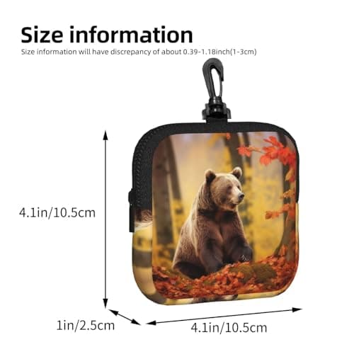 Mini Pouch with Carabiner, Neoprene Travel Makeup Bag with Zipper Tool Storage Pouch Brown bear in autumn Coin Purse Portable Earbud Case Waterproof Card Holder Wallet for Women Men — view 3