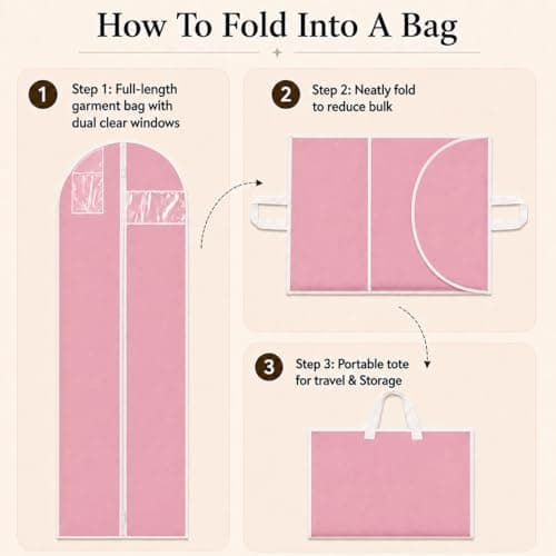 Sytinnice 2Pcs Long Dress Garment Bags, 60×180cm Folding Full Length Garment Cover Bag with Zipper, Pocket & Handle, Breathable Clothes Covers for Gowns Dresses Travel & Storage(Pink) — view 5