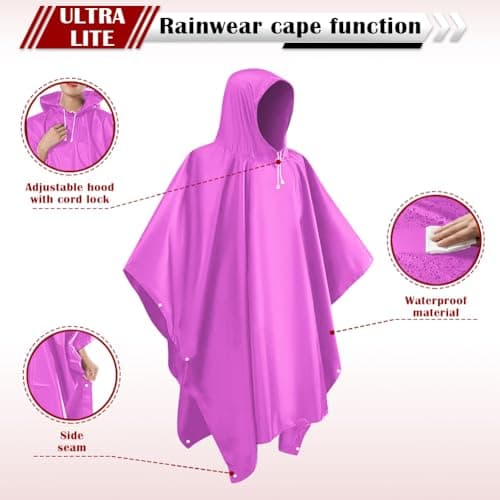 CHGANG Waterproof Poncho Adult, Reusable Rain Poncho Lightweight Waterproof Raincoat Emergency with Hood for Outdoor Hiking Camping Cycling Traveling (Pink) — view 2