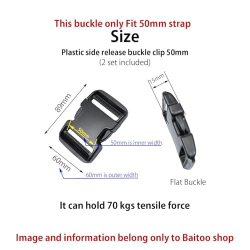 Baikeen Quick Side Release Buckles 50mm Heavy Duty Plastic Buckle Clips Snaps Backpack Buckle Replacement Dual Adjustable No Sewing 2 Sets — view 2