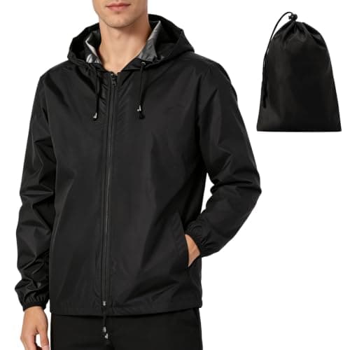 BBXWANG Mens Waterproof Jackets Lightweight Packable Rain Jacket Men Raincoat Black Men's Outdoor Waterproof Jackets with Hood for Walking Cycling Hiking Travel (UK, Alpha, S, Regular, Regular)